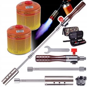   Szétszedhető gázégő fa nyéllel szövet tokban +  2 db EliCo 500g gázpatron 7/16" TC Technic UP309-2_65500