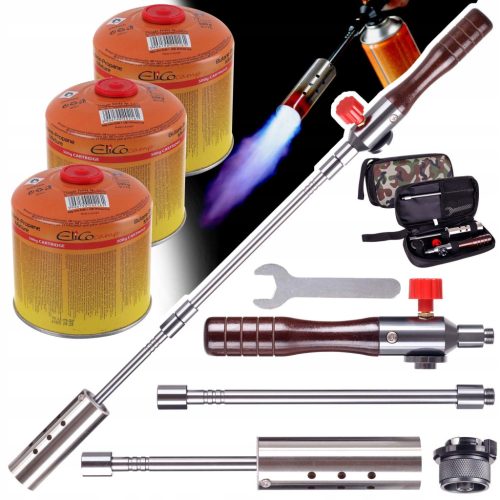 Szétszedhető gázégő fa nyéllel szövet tokban +  3 db EliCo 500g gázpatron 7/16" TC Technic UP309-3_65500
