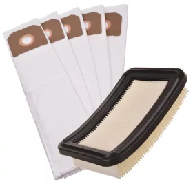   5x porzsák + mosható szűrő Flex S44 l ac, S33, VCE33, VCE44, NILFISK ATTIX 33, 44, STIHL SE 133 ME porszívókhoz
