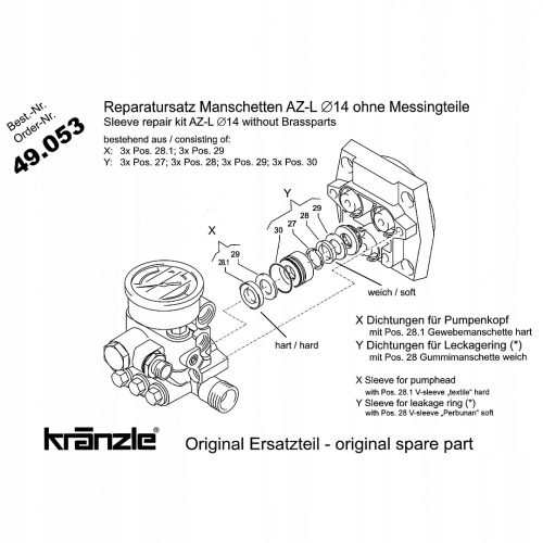 Eredeti javítókészlet KRANZLE 1152 TS, Silent 122, 7/122, 1622, 10/12 magasnyomású mosókhoz (49.053) 14 mm-es dugattyúhoz