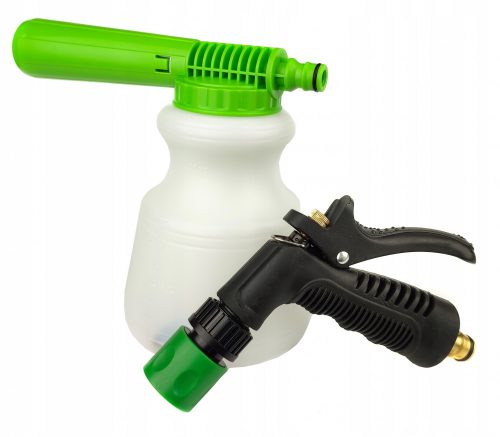 Alacsony nyomású habosító és permetező pisztoly, 900 ml tartállyal, kerti tömlő csatlakozóval (hagyományos csapról üzemeltethető)