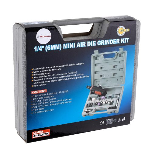 Egyenes szárú pneumatikus csíszoló készlet kofferben 3 és 6 mm-es befogó pofával Technic AT-7032BK