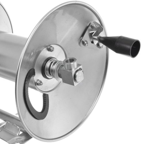 Inox tömlődob 45 méter magasnyomású tömlőhöz, manuális felcsavarással 3/8" belső menet - M22 külső menetes, 280 bar, 100°C