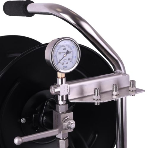Szenyvíztömlő dob INOX állványon nyomásmérővel 1/4" és 3/8" menetes csatlakozással max. 60 méter magasnyomású tömlőhöz
