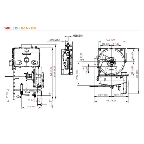 Eredeti Mazzoni beépíthető fűtőkazán / vízmelegítő modul vezérlőpanellel (15 l/perc, 250 bar, 53,3 kW, M22x1,5 menet)