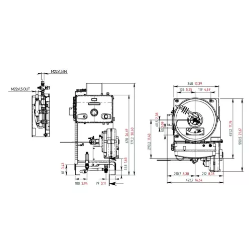 Eredeti Mazzoni beépíthető fűtőkazán / vízmelegítő modul vezérlőpanellel (21 l/perc, 500 bar, 93 kW, M22x1,5 menet)