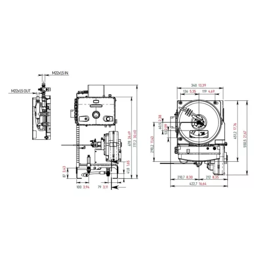 Eredeti Mazzoni beépíthető fűtőkazán / vízmelegítő modul vezérlőpanellel (25 l/perc, 250 bar, 105 kW, M22x1,5 menet)