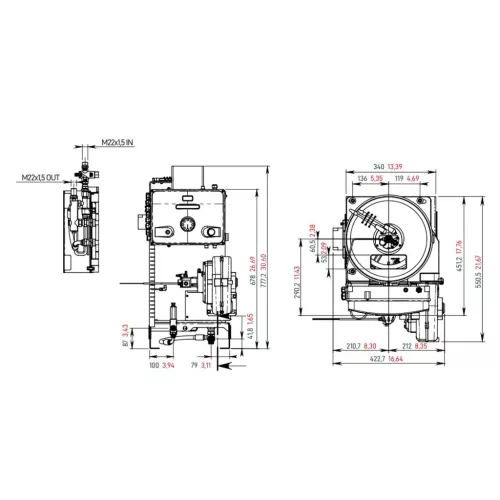 Eredeti Mazzoni beépíthető fűtőkazán / vízmelegítő modul vezérlőpanellel (25 l/perc, 350 bar, 105 kW, M22x1,5 menet)