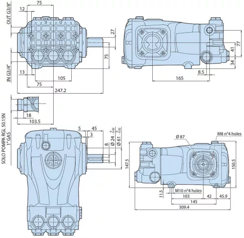 Annovi Reverberi RG 30.25 N főtengelyes szivattyú By-Pass szeleppel (250 bar, 30 l/perc, 24 mm)