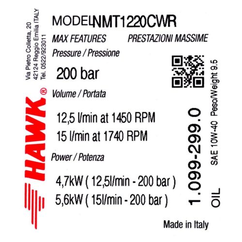 Eredeti HAWK NMT 1220 CWR ipari szivattyú nikkelezett fejjel (200 bar, 12,5 l/perc, Jobbos, 24 mm)