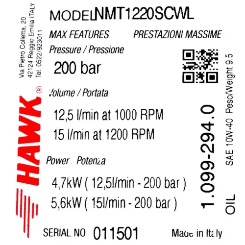 Eredeti HAWK NMT 1220 SCWL lassú fordulatú ipari szivattyú nikkelezett fejjel (200 bar, 12,5 l/perc, Balos, 1000 RPM, 24 mm)