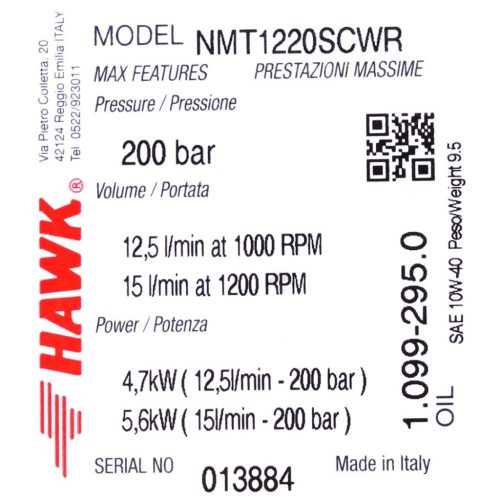 Eredeti HAWK NMT 1220 SCWR lassú fordulatú ipari szivattyú nikkelezett fejjel (200 bar, 12,5 l/perc, Jobbos, 1000 RPM, 24 mm)
