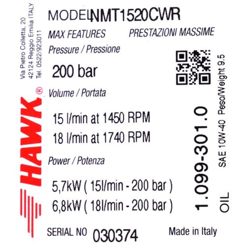 Eredeti HAWK NMT 1520 CWR ipari szivattyú nikkelezett fejjel (200 bar, 15 l/perc, Jobbos, 1450 RPM, 24 mm)