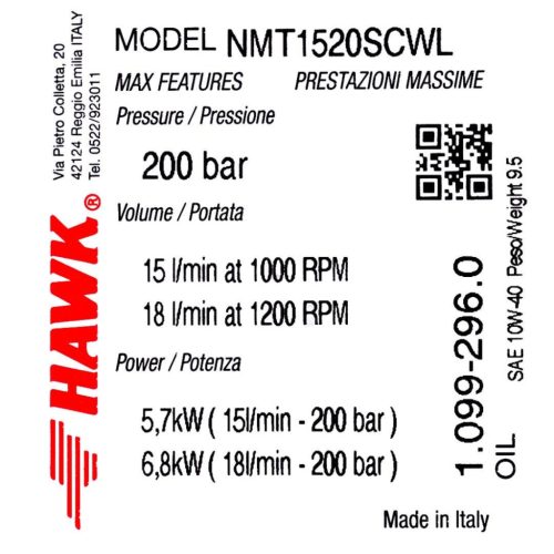 Eredeti HAWK NMT 1520 SCWL lassú fordulatú ipari szivattyú nikkelezett fejjel (200 bar, 15 l/perc, Balos, 1000 RPM, 24 mm)