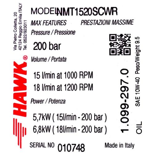 Eredeti HAWK NMT 1520 SCWR lassú fordulatú ipari szivattyú nikkelezett fejjel (200 bar, 15 l/perc, Jobbos, 1000 RPM, 24 mm)