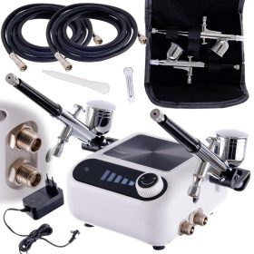   Tökéletes airbrush készlet (kompresszor, két festékszóró, tömlőkkel - automatikus leállítás + szabályozás) TC Technic HS-A9K WHITE