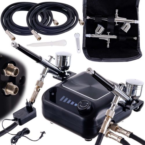 Tökéletes airbrush készlet (kompresszor, két festékszóró, tömlőkkel - automatikus leállítás + szabályozás) TC Technic HS-A9KBLACK