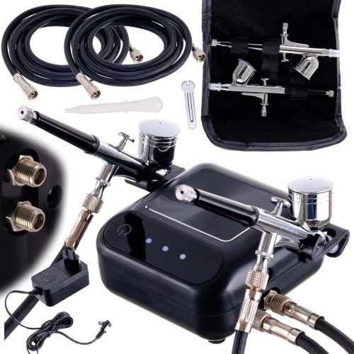  Tökéletes airbrush készlet (kompresszor, két festékszóró, tömlőkkel - automatikus leállítás + digitális szabályozás) TC Technic WHS-A10K BLACK