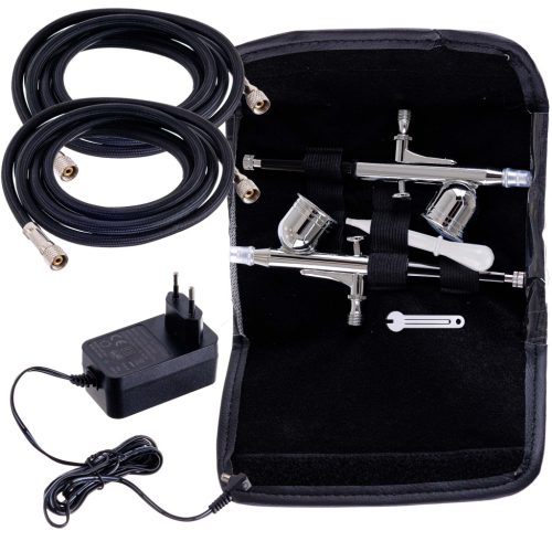  Tökéletes airbrush készlet (kompresszor, két festékszóró, tömlőkkel - automatikus leállítás + digitális szabályozás) TC Technic WHS-A10K BLACK