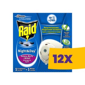   Raid Night & Day 240 órás szúnyog- és légyirtó párologtató készülék + 1db utántöltő (Karton - 12 db)