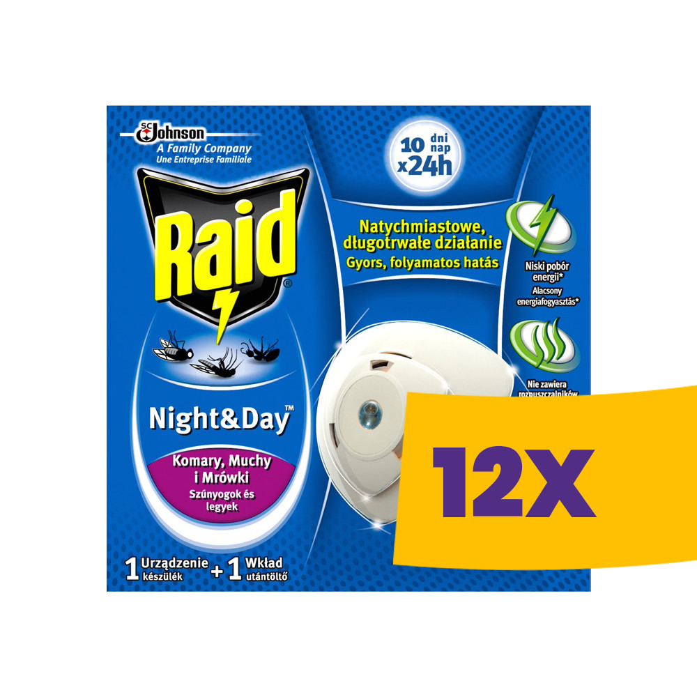 Raid Night & Day 240 órás szúnyog- és légyirtó párologtató készülék + 1db utántöltő (Karton - 12 db)