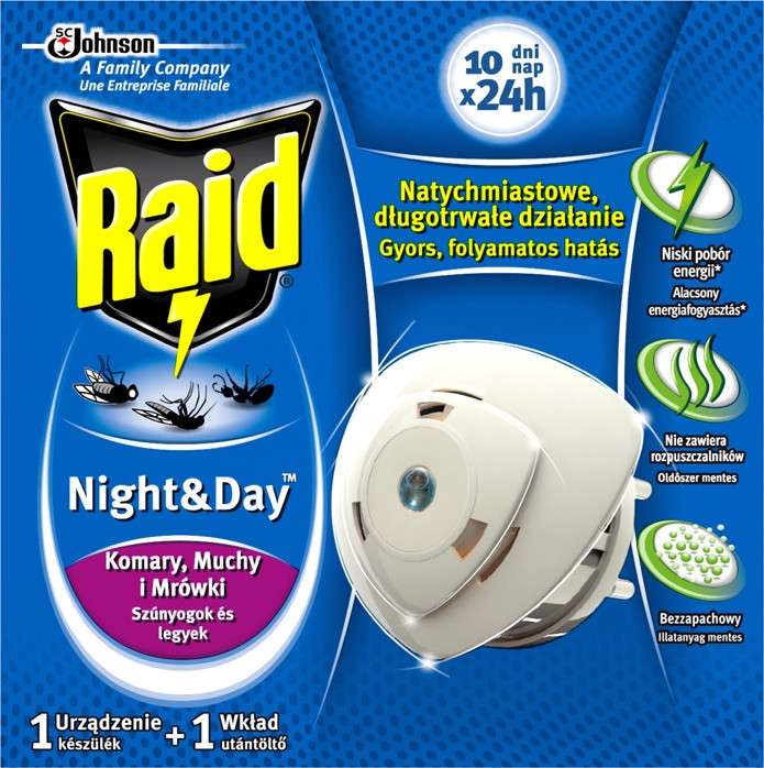 Raid Night & Day 240 órás szúnyog- és légyirtó párologtató készülék + 1db utántöltő